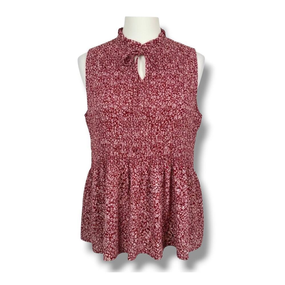 Pleione Red Floral Smocked Peplum Sleeveless Top – Size XL